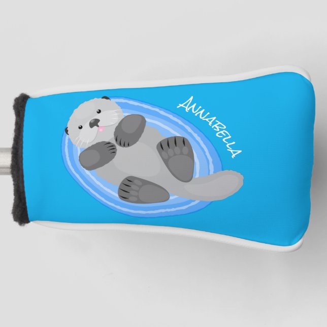 Cute happy sea otter blue cartoon illustration golf head cover (Front)