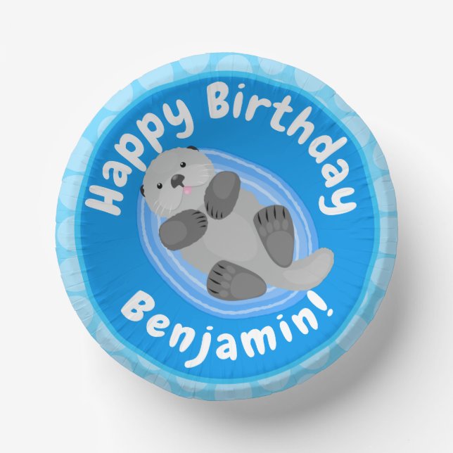 Cute happy sea otter blue cartoon illustration paper plate (Front)