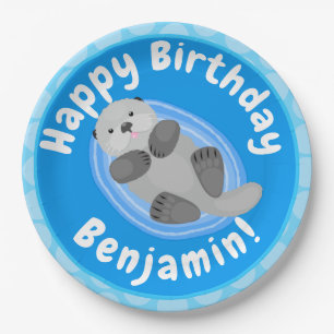 Cute happy sea otter blue cartoon illustration paper plate