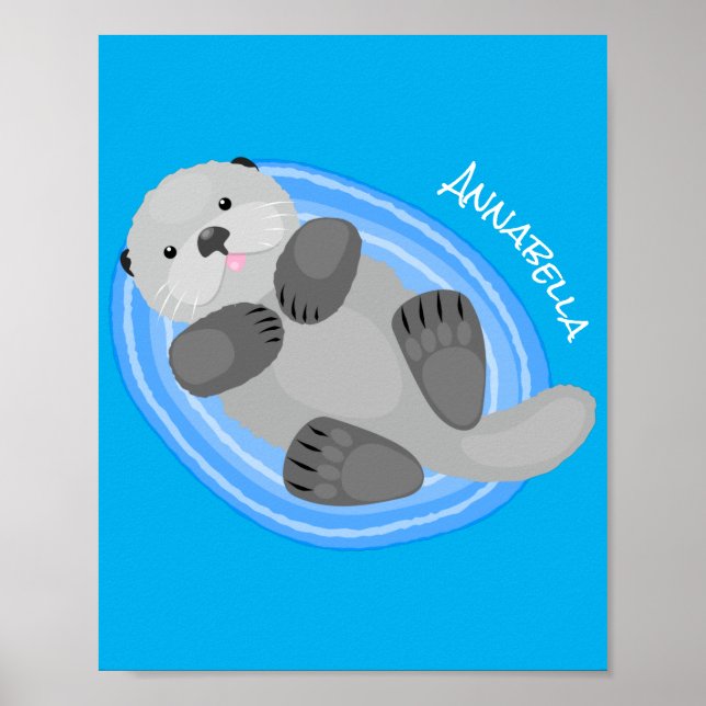 Cute happy sea otter blue cartoon illustration poster (Front)