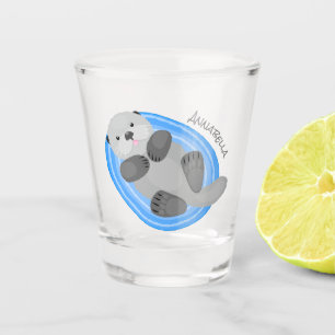 Cute happy sea otter blue cartoon illustration  shot glass