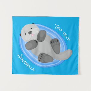 Cute happy sea otter blue cartoon illustration tapestry
