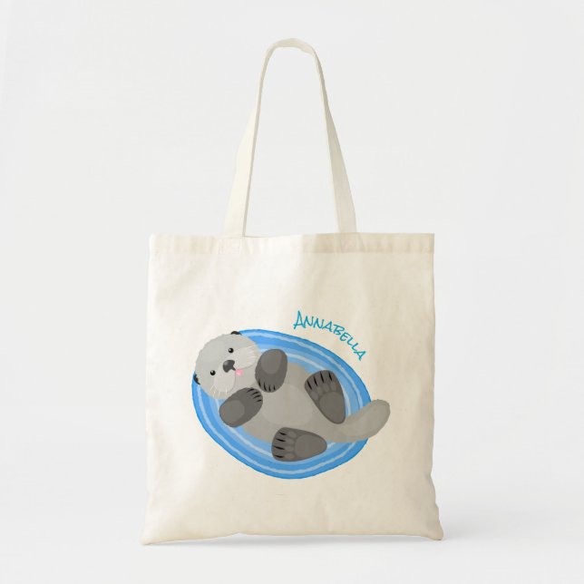 Cute happy sea otter blue cartoon illustration tote bag (Front)