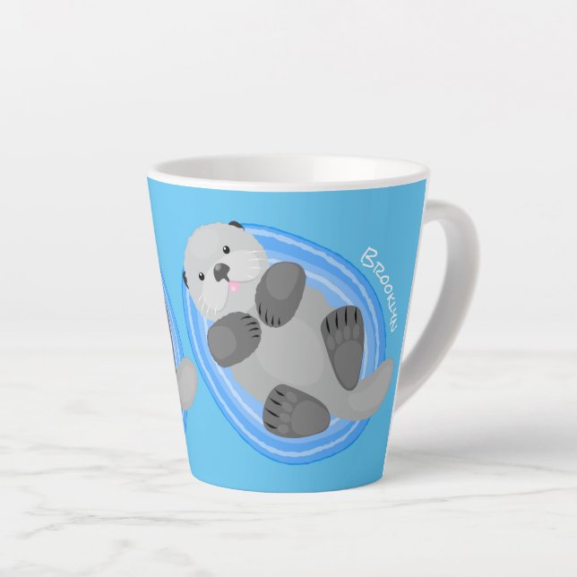 Cute happy sea otter cartoon illustration latte mug (Right Angle)