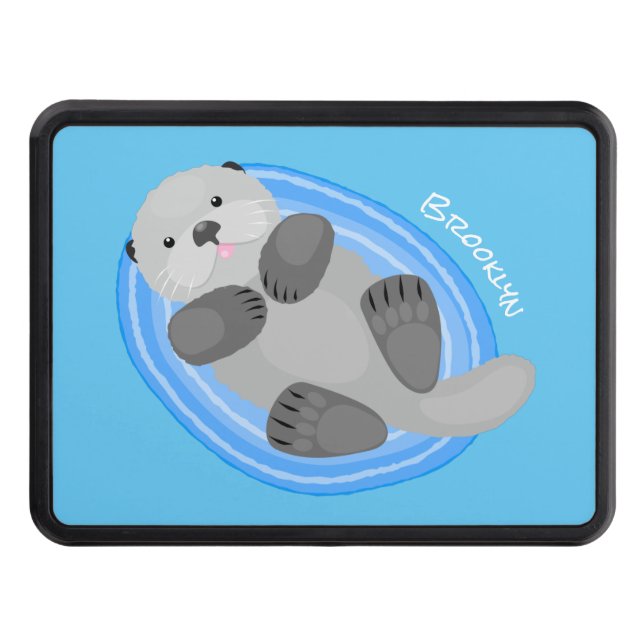 Cute happy sea otter cartoon illustration trailer hitch cover (Front)