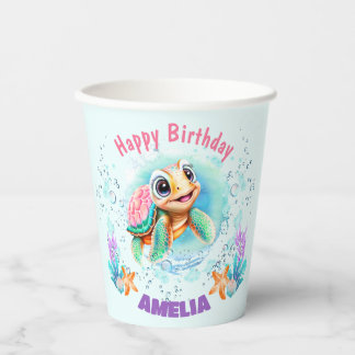 Cute Happy Sea Turtle 1st Birthday Colourful Paper Cups