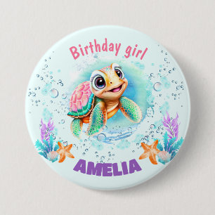 Cute Happy Sea Turtle Colorful 1st Birthday 3 Inch Round Button