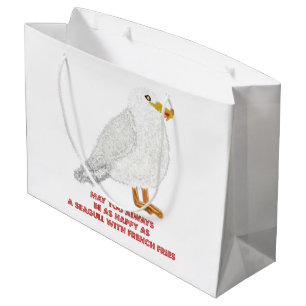 Cute happy seagull with French fries Large Gift Bag