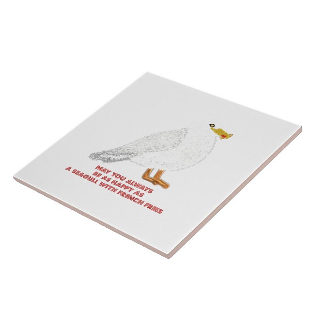Cute happy seagull with French fries Tile (Side)
