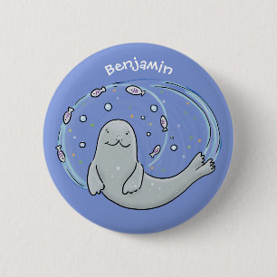 Cute happy seal and fish blue cartoon illustration 2 inch round button