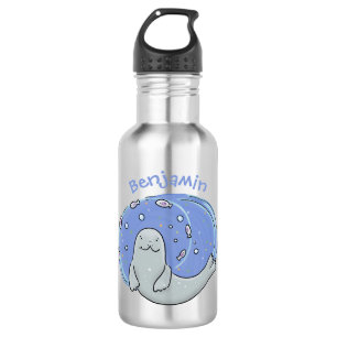Cute happy seal and fish blue cartoon illustration 532 ml water bottle