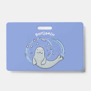 Cute happy seal and fish blue cartoon illustration badge