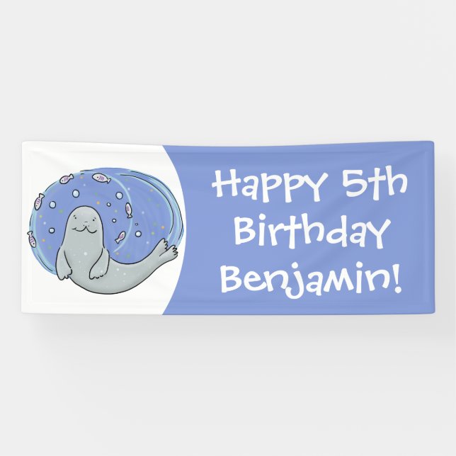 Cute happy seal and fish blue cartoon illustration banner (Horizontal)