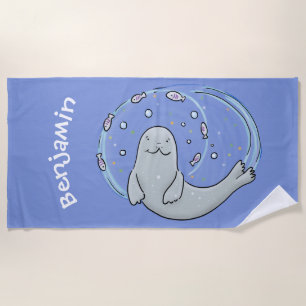 Cute happy seal and fish blue cartoon illustration beach towel