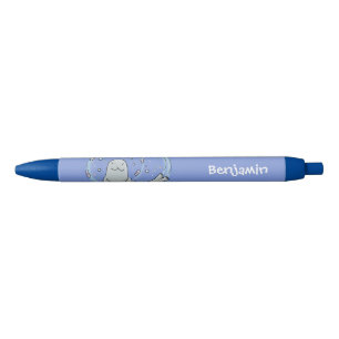 Cute happy seal and fish blue cartoon illustration black ink pen