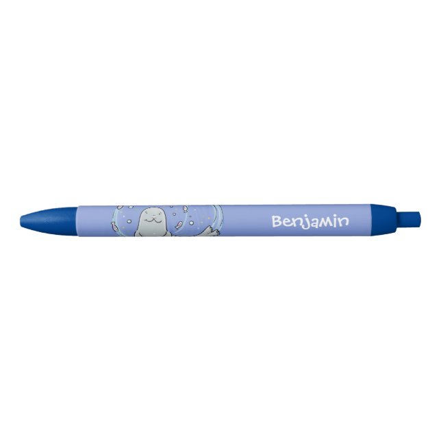Cute happy seal and fish blue cartoon illustration black ink pen (Front)