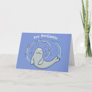 Cute happy seal and fish blue cartoon illustration card