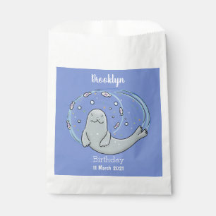 Cute happy seal and fish blue cartoon illustration favour bag
