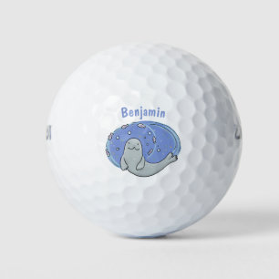 Cute happy seal and fish blue cartoon illustration golf balls