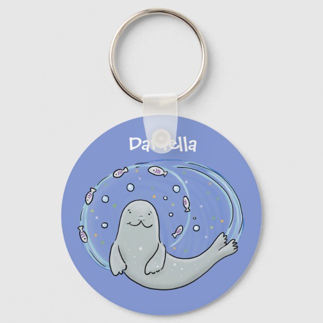 Cute happy seal and fish blue cartoon illustration keychain (Front)