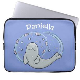 Cute happy seal and fish blue cartoon illustration laptop sleeve