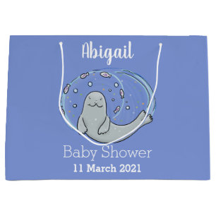 Cute happy seal and fish blue cartoon illustration large gift bag