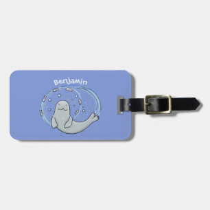 Cute happy seal and fish blue cartoon illustration luggage tag