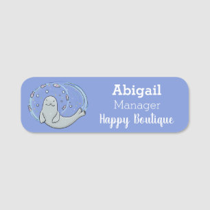 Cute happy seal and fish blue cartoon illustration name tag