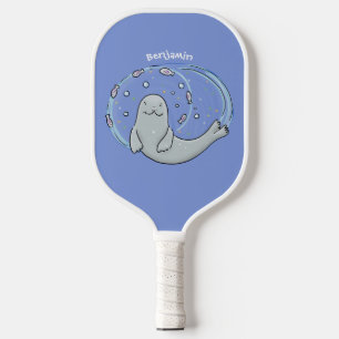 Cute happy seal and fish blue cartoon illustration pickleball paddle