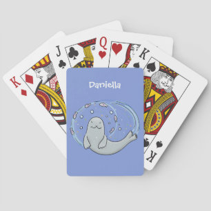 Cute happy seal and fish blue cartoon illustration playing cards