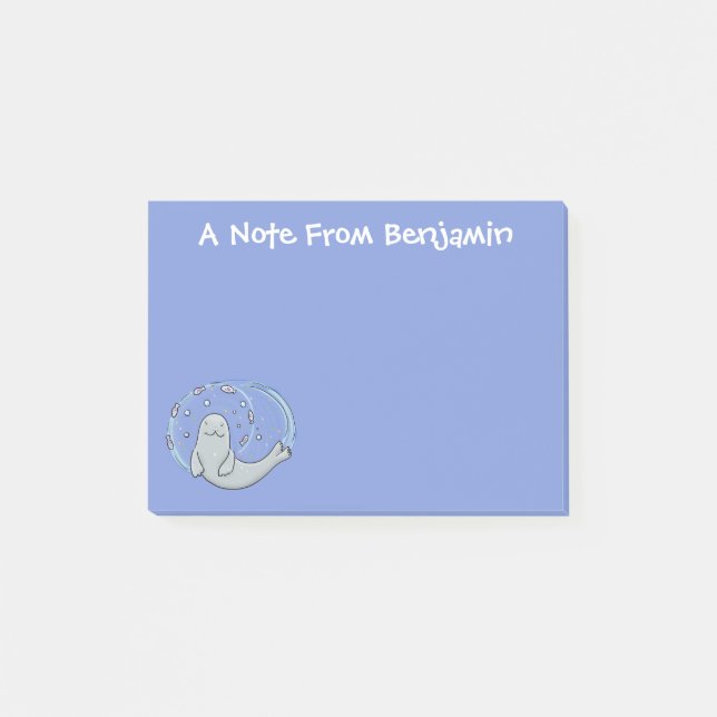 Cute happy seal and fish blue cartoon illustration post-it notes (Front)