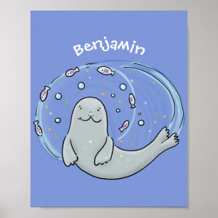 Cute happy seal and fish blue cartoon illustration poster
