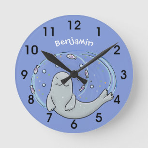 Cute happy seal and fish blue cartoon illustration round clock