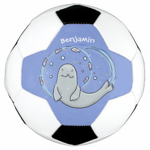 Cute happy seal and fish blue cartoon illustration soccer ball