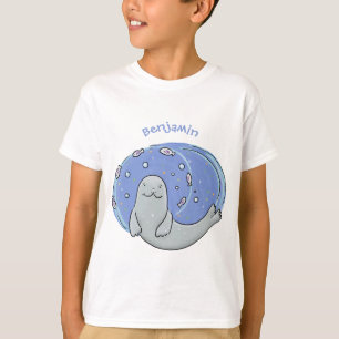 Cute happy seal and fish blue cartoon illustration T-Shirt