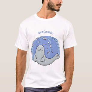 Cute happy seal and fish blue cartoon illustration T-Shirt