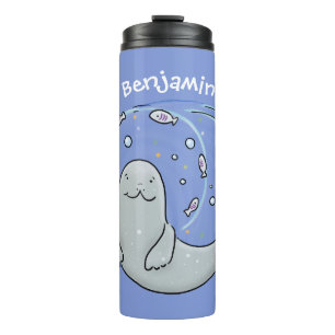 Cute happy seal and fish blue cartoon illustration thermal tumbler