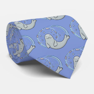 Cute happy seal and fish blue cartoon illustration tie