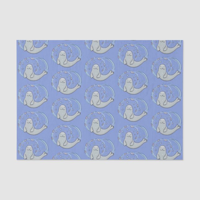 Cute happy seal and fish blue cartoon illustration tissue paper (Front)