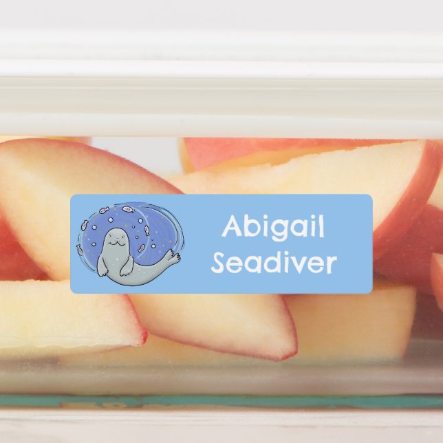 Cute happy seal and fish blue cartoon personalized (Affixed)