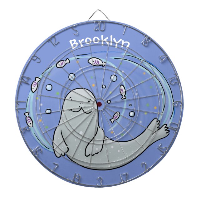 Cute happy seal and fish cartoon illustration dartboard (Front)