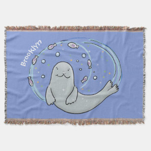Cute happy seal and fish cartoon illustration throw blanket