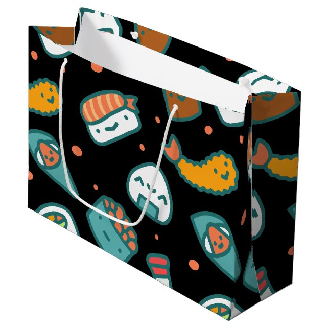 Cute happy seamless sushi pattern on black large gift bag (Front Angled)