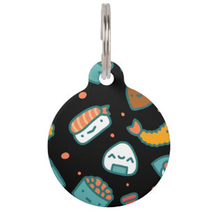 Cute happy seamless sushi pattern on black pet tag