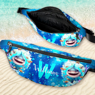Cute Happy Shark Ocean Blue Summer Vacation Name Fanny Pack