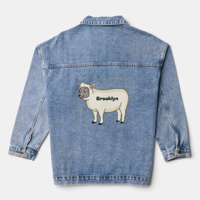 Cute happy sheep cartoon illustration denim jacket (Back)