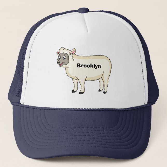 Cute happy sheep cartoon illustration  trucker hat (Front)