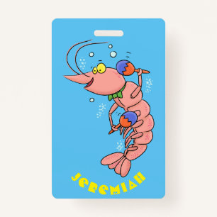 Cute happy shrimp, prawn cartoon badge