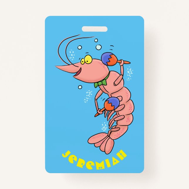 Cute happy shrimp, prawn cartoon badge (Front)