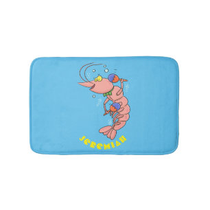 Cute happy shrimp, prawn cartoon bath mat